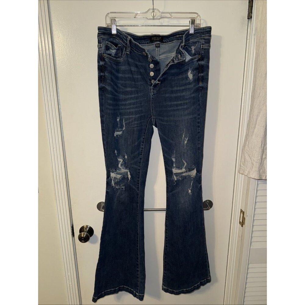 Judy Blue Trouser Flare Blue Jeans Womens 15/32 Distressed Button Fly